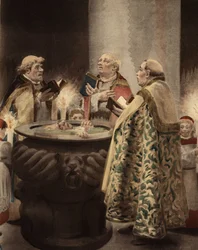 En una capilla, tres sacerdotes rodean un benitier en el que se sumerge a un hombre. Pantagruel. Ilustración de Jules Garnier. En "Rabelais et l
