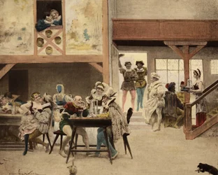 Interior de un albergue en Chinon. Pantagruel y Panurge en la escala. Pantagruel. Ilustración de Jules Garnier. En "Rabelais et l