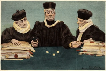 El juez Bridoye hace justicia lanzando un Pantagruel. Ilustración de Jules Garnier. En "Rabelais et l