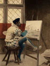 Hombre sentado ante su lienzo. Gargantúa. Ilustración de Jules Garnier. En "Rabelais et l