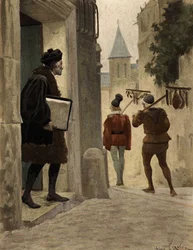 El maestro Janotus (Ianotus) de Bragmardo saliendo de la casa parisina de Gargantúa llevándose los regalos ofrecidos por Gargantúa. Gargantúa. Ilustración de Jules Garnier. En "Rabelais et l