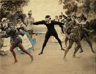 Hombres y mujeres jugando a colin maillard. Gargantúa. Ilustración de Jules Garnier. En "Rabelais et l