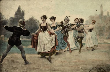 Hombres y mujeres jugando a la cola en el tajo (cola de lobo). Gargantúa. Ilustración de Jules Garnier. En «Rabelais et l