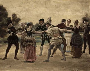 Hombres y mujeres jugando al furon. Gargantúa. Ilustración de Jules Garnier. En "Rabelais et l