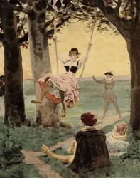 Hombres y mujeres tocando el brandelle. Gargantúa. Ilustración de Jules Garnier. En "Rabelais et l