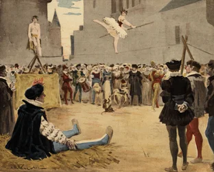 Músicos y funámbulos actúan en la calle bajo la mirada de Gargantúa (sentado, a la izquierda). Gargantúa. Ilustración de Jules Garnier. En "Rabelais et l