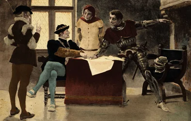 El viejo Echephron (2º a la derecha) asesorando a Picrochole, rey de Lerne (a la derecha). Gargantúa. Ilustración de Jules Garnier. En "Rabelais et l