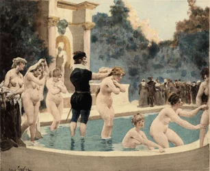 Ancianas que se sumergen en el agua y vuelven a salir. Reino de Entelechie. Pantagruel. Ilustración de Jules Garnier. En "Rabelais et l