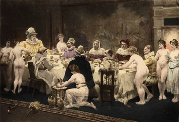 Pantagruel, Panurge, Frere Jean y Epistmon durante la cena organizada por Homenas, eveque de Papimanes, habitantes de la isla de Papimania. Pantagruel. Ilustración de Jules Garnier. En "Rabelais et l