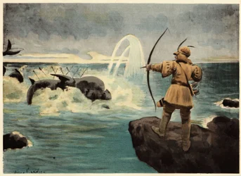 Pantagruel matando a flechazos al monstruo marino Physetere. Pantagruel. Ilustración de Jules Garnier. En "Rabelais et l