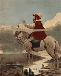 Pantagruel en su caballo observando a su ejército bajo la lluvia. Tierra de los Dipsodos. Pantagruel. Ilustración de Jules Garnier. En "Rabelais et l