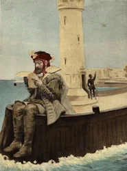 Pantagruel leyendo una carta de su padre Gargantúa sentado cerca del faro de la isla de Medamothi. Pantagruel. Ilustración de Jules Garnier. "Rabelais y la obra de Jules Garnier".