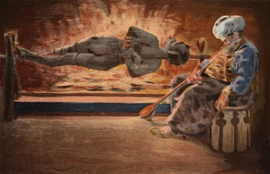 Panurge es vigilado por un turco que se ha quedado dormido. Pantagruel. Ilustración de Jules Garnier. En "Rabelais et l