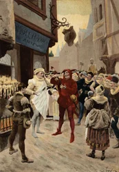 París, Roustissoir (asador) del Peer Chatelet. Conflicto entre un empleado y un hombre acusado de no pagar su comida. Pantagruel. Ilustración de Jules Garnier. En "Rabelais et l