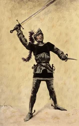 Picrochole, rey de Lerne, con armadura y blandiendo su espada. Gargantúa. Ilustración de Jules Garnier. En "Rabelais et l