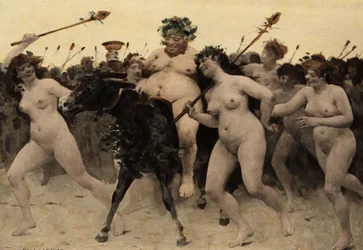Sileneo (Silene) sobre un asno al frente del ejército de Baco (Dionysos, Bacco) durante la batalla entre Baco (Dyonisos, Bacco) y los indios. Mosaico en el Templo de la Botella. Pantagruel. Ilustración de Jules Garnier. En "Rabelais et l