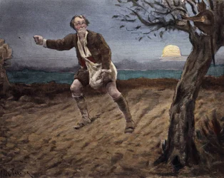 El Diablo, encaramado a un árbol, hablando con un campesino que siembra perritos. Pantagruel. Ilustración de Jules Garnier. En "Rabelais et l
