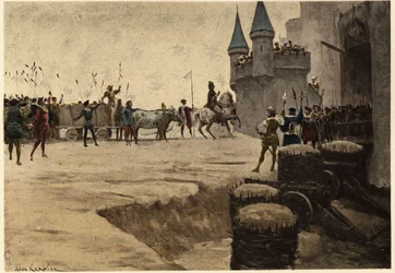 El ejército de Ulrico Gallet, enviado por Grandgousier, padre de Gargantúa, ante el castillo de Picrochole, rey de Lerna, con cañas y juncos en señal de paz. Gargantúa. Ilustración de Jules Garnier. En "Rabelais et l