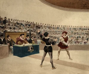 El duelo entre Panurgo (de espaldas) y la inglesa Thaumaste. Pantagruel. Ilustración de Jules Garnier. En "Rabelais et l