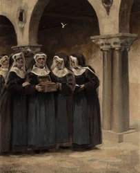 Las monjas de la abadía de Coingnaufond abren la caja donada por el Papa Ian (Juan) XXII. Pantagruel. Ilustración de Jules Garnier. En "Rabelais et l