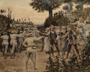 Los pastores ofrecen a los Fouaciers de Lerne cambiar uvas por fouace. Gargantúa. Ilustración de Jules Garnier. En "Rabelais et l