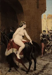 La esposa del emperador de Milán, Federic (Federico) Barberossa, expulsada de la ciudad por los milaneses. Monta la mula Thacor. Pantagruel. Ilustración de Jules Garnier. En "Rabelais et l