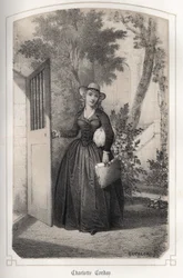 Retrato de Charlotte Corday (1768 - 1793). en "Les femmes illustres de la France" de la Condesa DROHOJOWSKA. ILUSTRACIONES DE DRUTAS DE MM JULES Y BAYALOS. Hacia 1850.