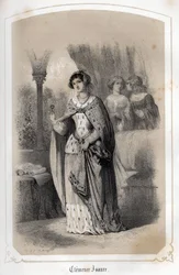 Retrato de Clemence Isaure, dama tolosana que habría vivido en el siglo XIV. en "Les femmes illustres de la France" de la Condesa DROHOJOWSKA. Ilustrado con dibujos de MM JULES Y BAYALOS. Hacia 1850.