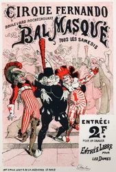 Arte. Entretenimiento. Baile de Máscaras del circo Fernando, París. Cartel de Jules Cheret, Francia, c.1870-80