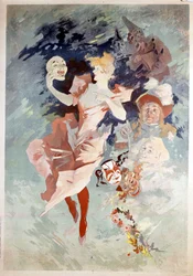 Cartel de carnaval por Jules Cheret: mujer con máscara, B.N. París. Siglo XIX.