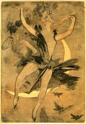 Dibujo de Jules Cheret ilustrando "Lulu" de Felicien Champsaur, novela y pantomima en un acto (1900) que presenta a una bailarina payaso. "Lulu" es considerado uno de los mejores ejemplos de lo que se ha llamado en Francia la "literatura circense".