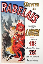 Literatura. Obras de François Rabelais ilustradas por Albert Robida. Cartel de Jules Cheret, Francia, c.1885