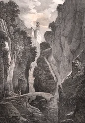 Valle de los Molinos en Sorrento, Campania, Italia, litografía de Villeneuve sobre dibujo de Jules Coignet (1798-1860), 21,5x34,5 cm.