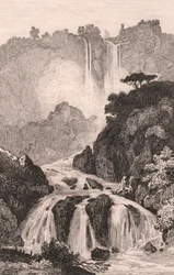 Vista de la Cascada de las Marmore (Cascata delle Marmore) cerca de Terni, Umbría, Italia, grabado en acero según dibujo de Jules Coignet (1798-1860), 14x20 cm aprox.