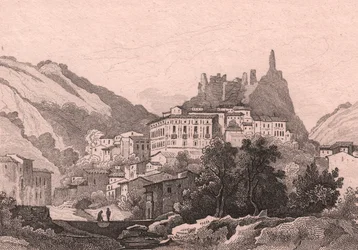 Vista de Nicastro, Calabria, Italia, grabado en acero de Dunaime sobre dibujo de Jules Coignet (1798-1860), ca 13x10 cm