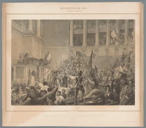 Insurgentes de París interrumpen reunión de la Cámara de Diputados Dernière séance de la chambre des députés (título sobre el objeto) Escenas de la revolución de febrero de 1848 (título de la serie) Revolution de 1848 (título de serie sobre objeto)