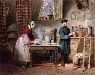 Economía. Pareja joven en una casa: la mujer pone un sorbo en la mesa y el hombre pone una moneda en una alcancía. Grabado en color de Jules David (siglo XIX) París, Museo Carnavalet