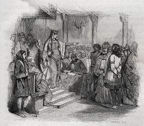 Ermengarde de Hesbaye (778-818) (Hermengarde de Hesbaye) sentenció a muerte a Bernardo de Italia (797-818) después de ser perdonado por Luis el Piadoso, pero debe sufrir el castigo de la ceguera - grabado en “Histoire de France” por Theodose Burett