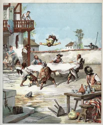 En la posada, Sancho Panza es maltratado, llama a su amo Don Quijote para que lo ayude - En el hotel, unos gañanes hacen volar a Sancho Panza con una manta, Sancho llama a su amo Don Quijote - Ilustración de Jules David (1808-1892) de "Historia de Don Quij