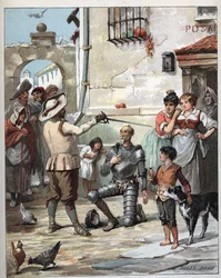 Fuera de una posada, Don Quijote convirtiéndose en caballero - Ilustración de Jules David (1808-1892) de Historia de Don Quijote (Don Quijote) - 1887 - por Miguel de Cervantes Saavedra (1547-1616)