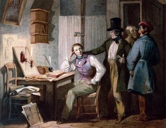 Estudio. Un estudiante estudioso en su oficina se queda trabajando mientras sus amigos salen. Grabado en color de Jules David (siglo XIX). París, Museo Carnavalet