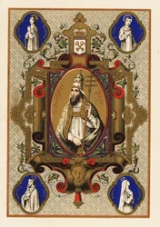 Retrato de San Gregorio, Papa Gregorio I, con triregno o triple corona, y férula papal, dentro de una orla decorativa