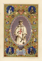 Retrato de San Juan de Matha, fundador de la Orden de la Santísima Trinidad, con aureola, con túnica de cruzado, sosteniendo grilletes de cristianos liberados