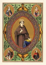 Retrato de Santo Tomás de Aquino, con aureola, pluma y Biblia, en una orla decorativa de follaje y dorado