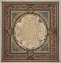 Diseño para la decoración de un techo con una pintura trampantojo de una cúpula artesonada