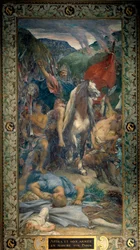 Atila (395-453) rey de los hunos y su ejército de bárbaros marchando sobre París en 450