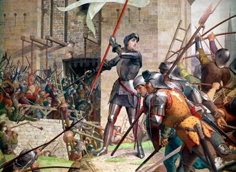 Guerra de los Cien Años: Juana de Arco en armadura antes de Orleans. (detalle)