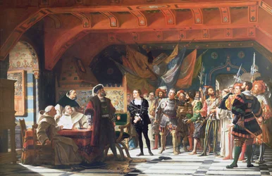 Francis de Bonnivard (1496-1570) el Prisionero de Chillon, presentado ante el Duque de Saboya en 1530, 1870