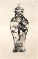 Historia del arte cerámico: estudio descriptivo y filosófico de la alfarería de todas las épocas y todas las naciones: Japón: familia crisantemo-peonía. - Jarrón, «potiche», con el perro de Fo y una carpa que salta fuera del agua (Lámina III)