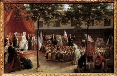 Helene-Louise de Mecklenburg-Schwerin, Duquesa de Orleans (1814-1858) y su hijo el Conde de París (1838-1894) visitando una sala de asilo parisino (¿la de la rue Saint Hippolyte?). Los dos protagonistas en un escenario se presentan con los niños de la cari